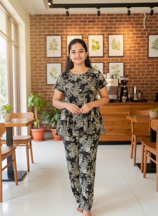 Black Flower Print Feeding Peplum Sets