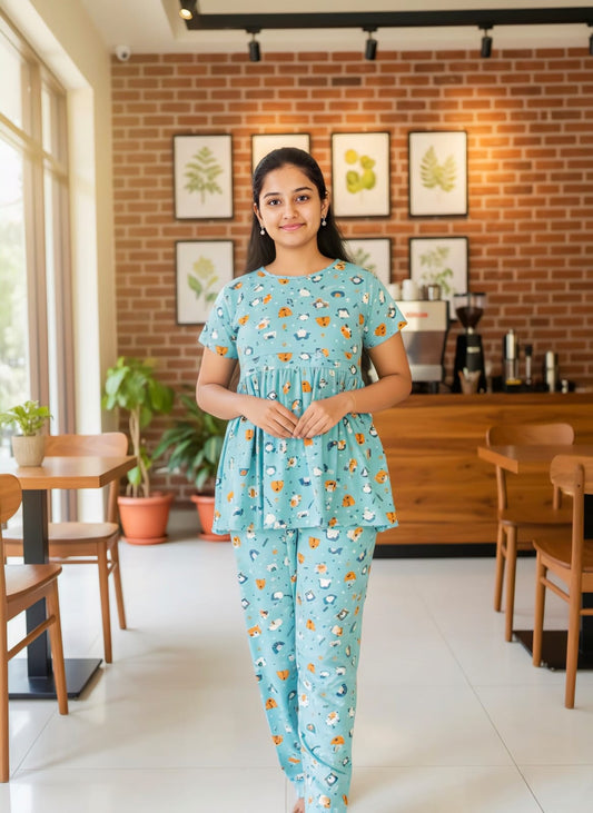 SkyBlue Cartoon Print Feeding Peplum Sets