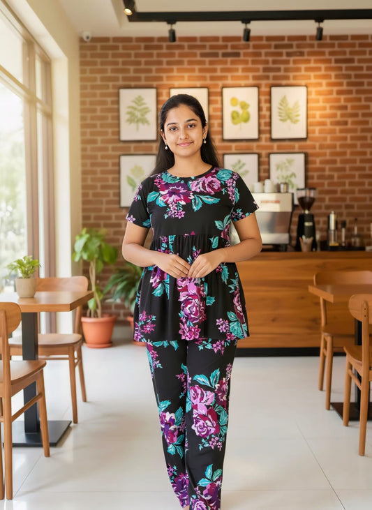 Black With Purple Flower Feeding Peplum Sets