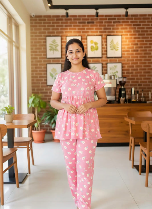 Pink Daisy Flower Feeding Peplum Sets