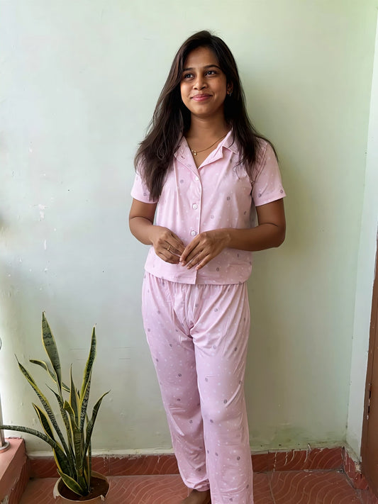 Baby Cotton Pink Collar Night Dress With Joggers Pant