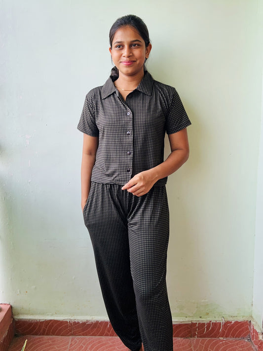Baby Cotton Black Texture Collar Night Dress With Joggers Pant
