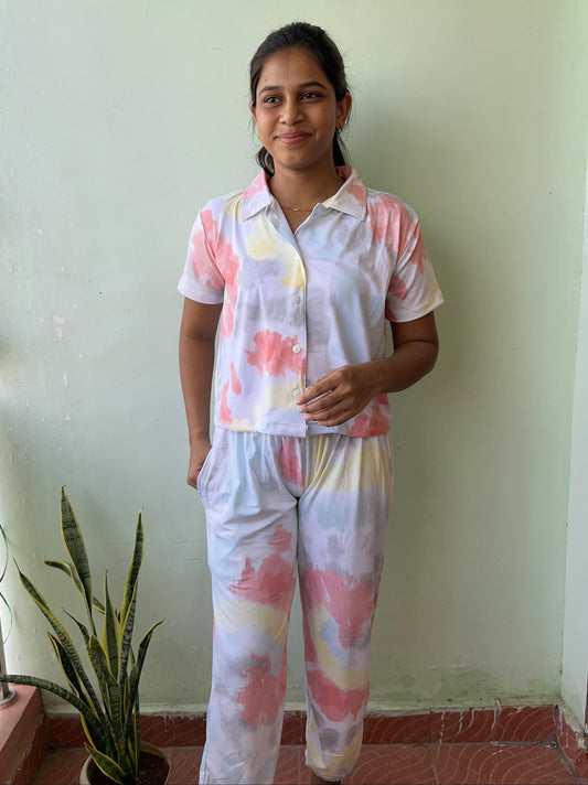Baby Cotton Tie And Dye Night Dress With Joggers Pant