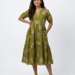 Olive Green Floral Print 2tier Feeding Maxi