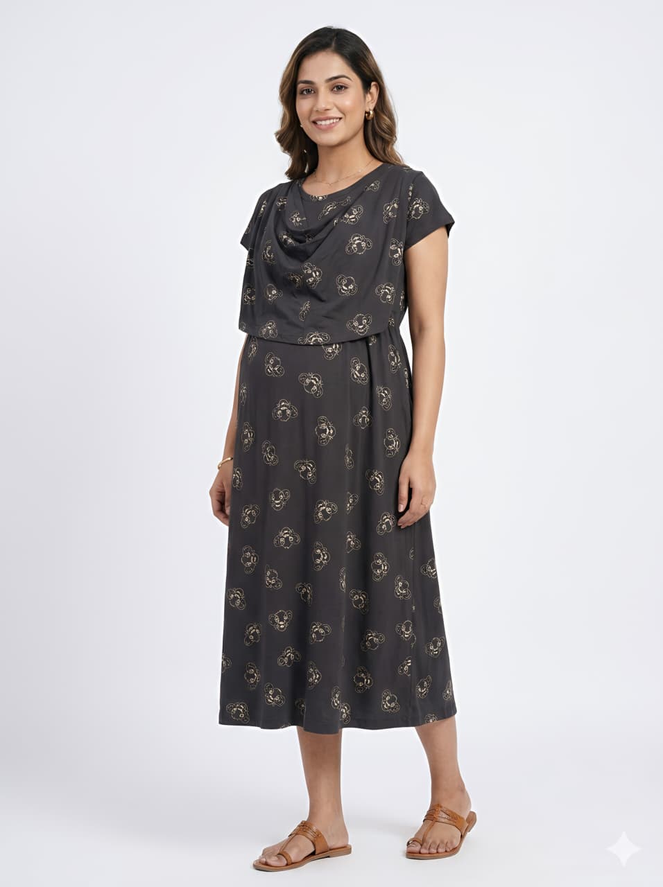 WhatsApp Image 2026-06-08 at 10.44.06 AM Ash With Lion Print Shwal Type Feeding Frock (Inner Double Side Zip) - Image 1