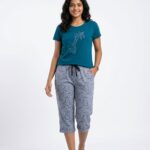 Womens 3/4th Pant Set-Teal Blue