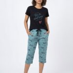 Womens 3/4th Pant Set-Black